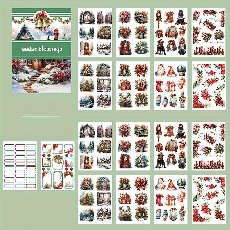 Winter Christmas Sticker Book Large Size Vintage Flower PET Paper Stickers