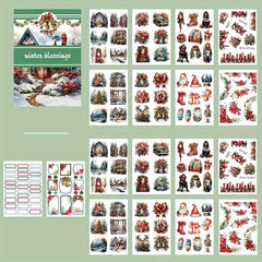 Winter Christmas Sticker Book Large Size Vintage Flower PET Paper Stickers