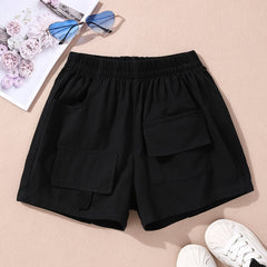 Girls Cotton Elastic Waist Sports Cargo Shorts With Pockets