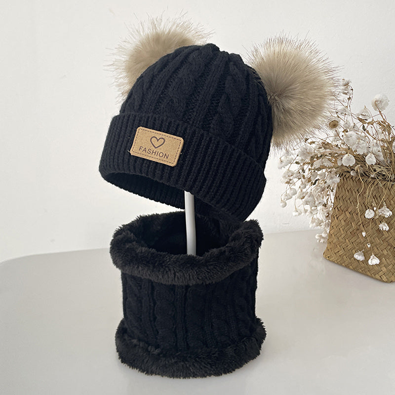 2pcs Baby Knit Scarf Hat Set Pom Pom Beanie Cap & Plush Warm Ring Neck Scarf