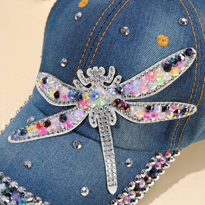 Dragonfly Patch Denim Baseball Cap Rhinestone Washed Distressed Dad Hat