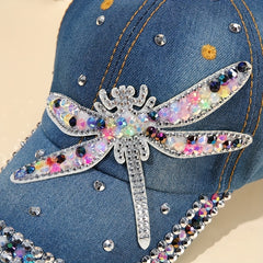 Dragonfly Patch Denim Baseball Cap Rhinestone Washed Distressed Dad Hat