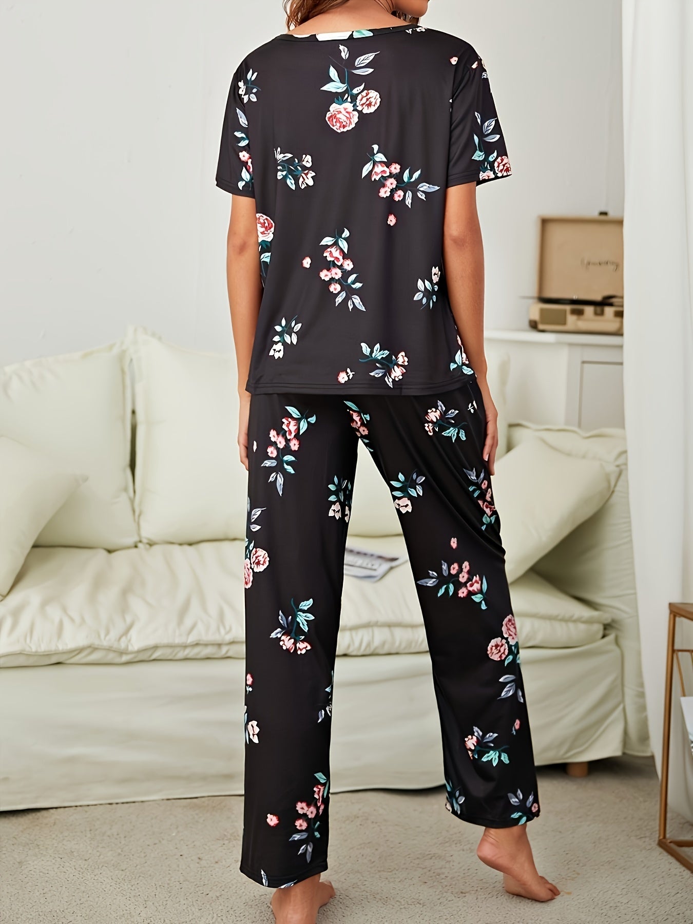 Floral Print Pajamas Set Short Sleeve Top & Lounge Pants