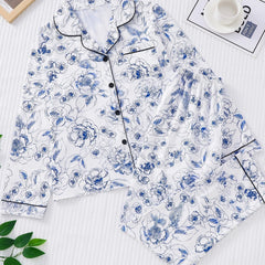 Heart Print Pajama Set Long Sleeve Buttons Top & Elastic Waistband Pants Women's