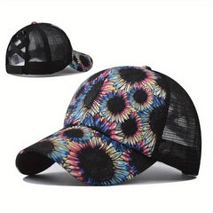 Sunflower Print Ponytail Baseball Cap Mesh Adjustable Trucker Hats