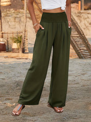 Smocked Waist Wide Leg Pants Casual Loose Pants