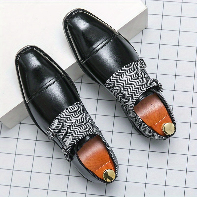 Men's Double Monk Strap Slip On Loafers Herringbone Pattern Loafers