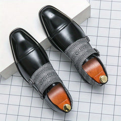 Men's Double Monk Strap Slip On Loafers Herringbone Pattern Loafers