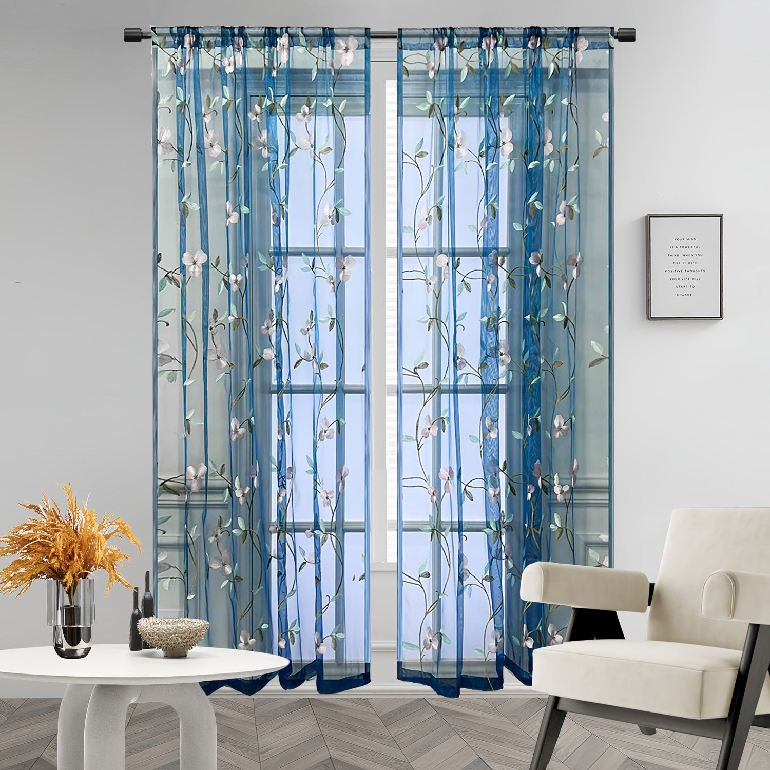 Floral Embroidered Sheer Curtain Rod Pocket Rustic Voile Sheer Window Tulle