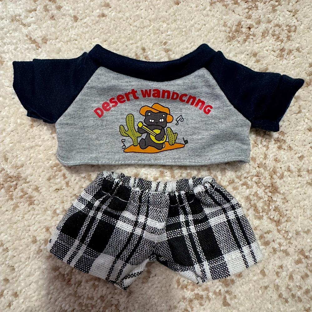 Desert Wandering Outfit for Plush Doll - Gray Shirt, Plaid Pants, Sneakers