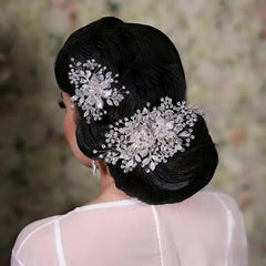 Silvery Flower Hair Comb and Rhinestone Hair Clip Set - Bridal Headwear