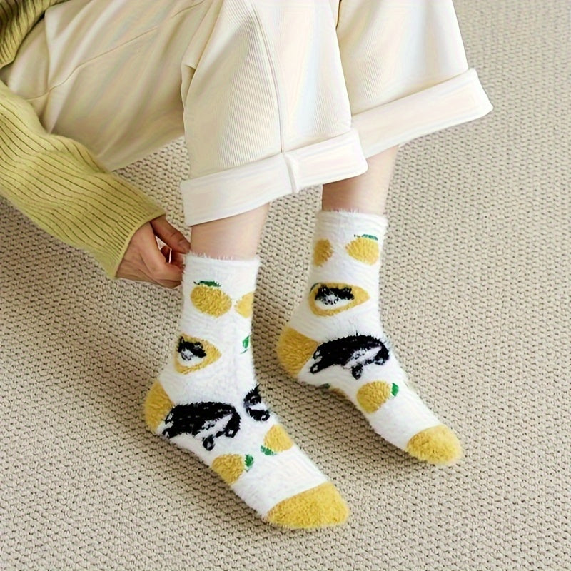 5 Pairs Cat Print Socks Warm Cozy Women's Stockings