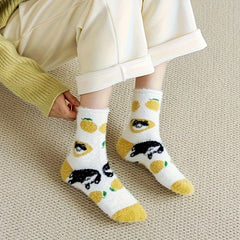 5 Pairs Cat Print Socks Warm Cozy Women's Stockings