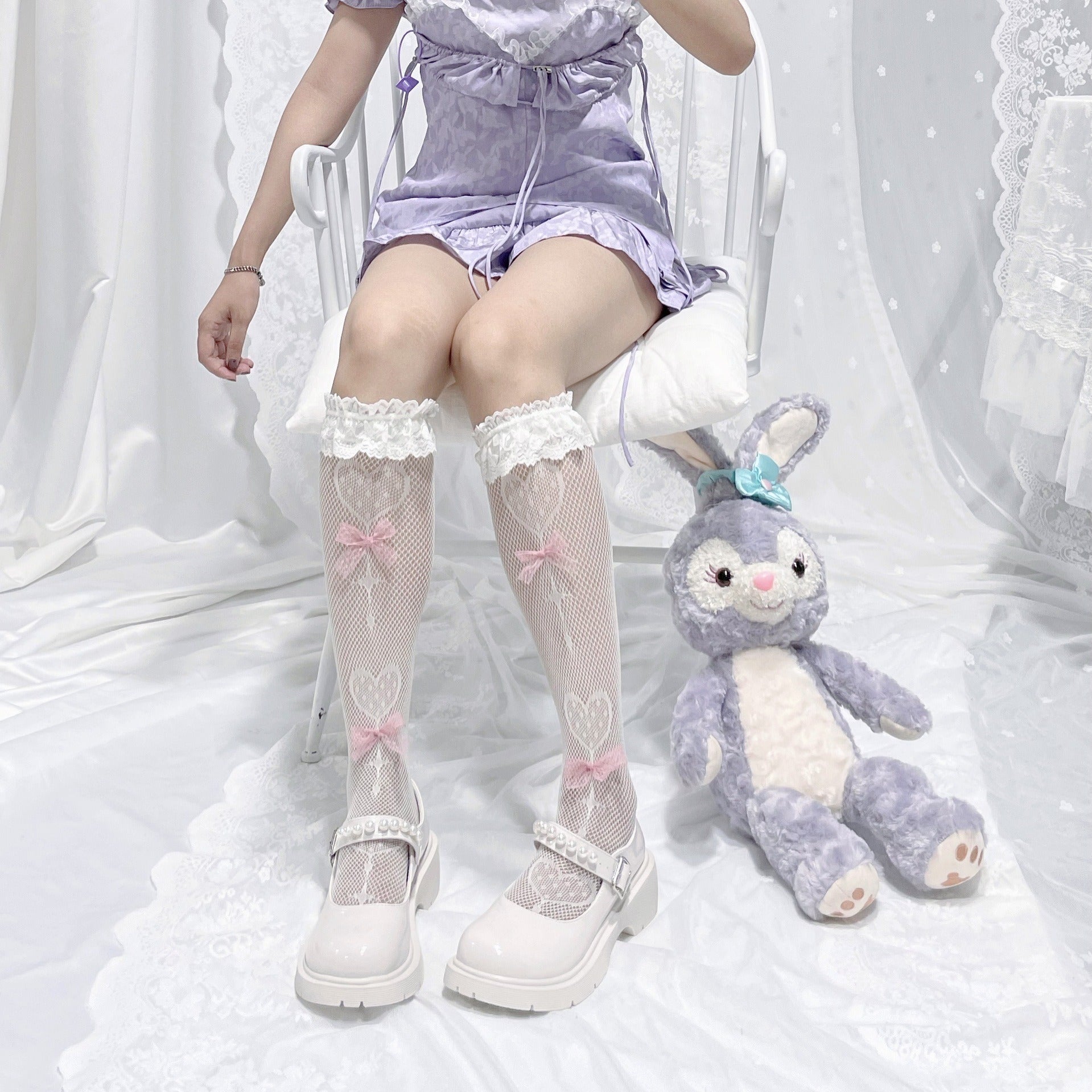 Sweet Lace Trim Calf Socks With Bow Tie Mesh Knee High Stockings