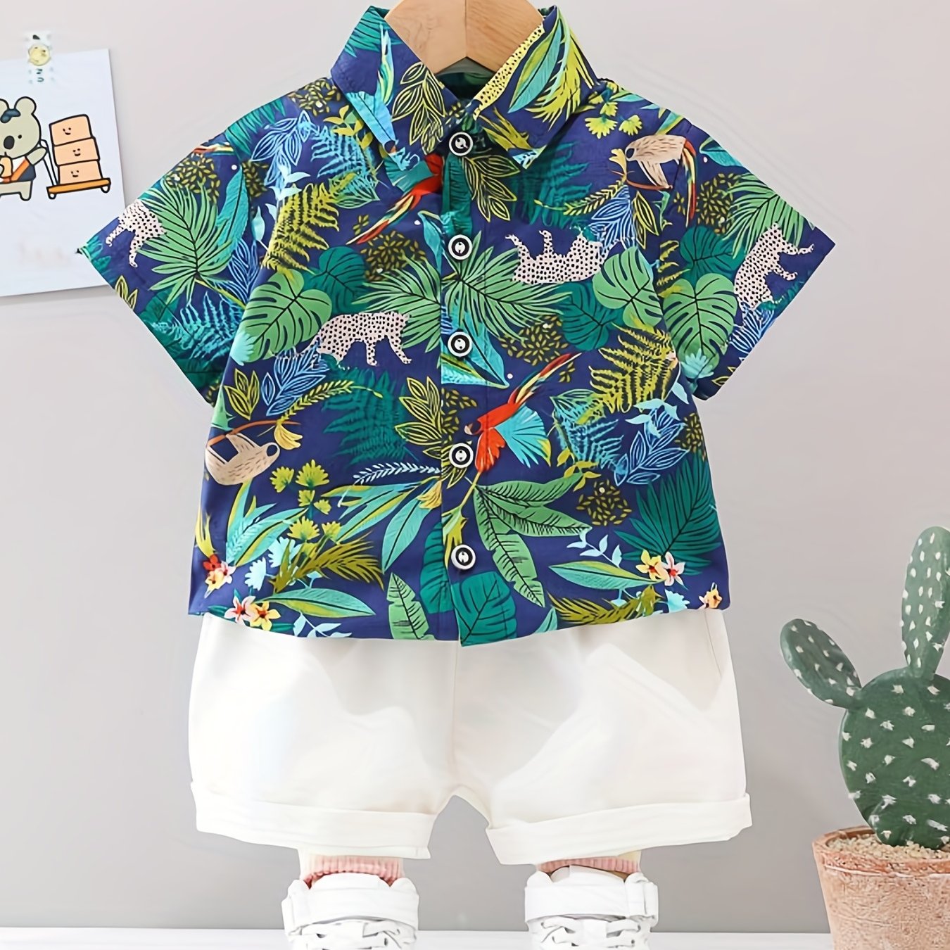2pcs Baby Boys Leaf Print Shirt & Shorts Set