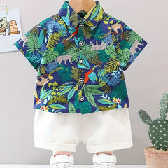 2pcs Baby Boys Leaf Print Shirt & Shorts Set