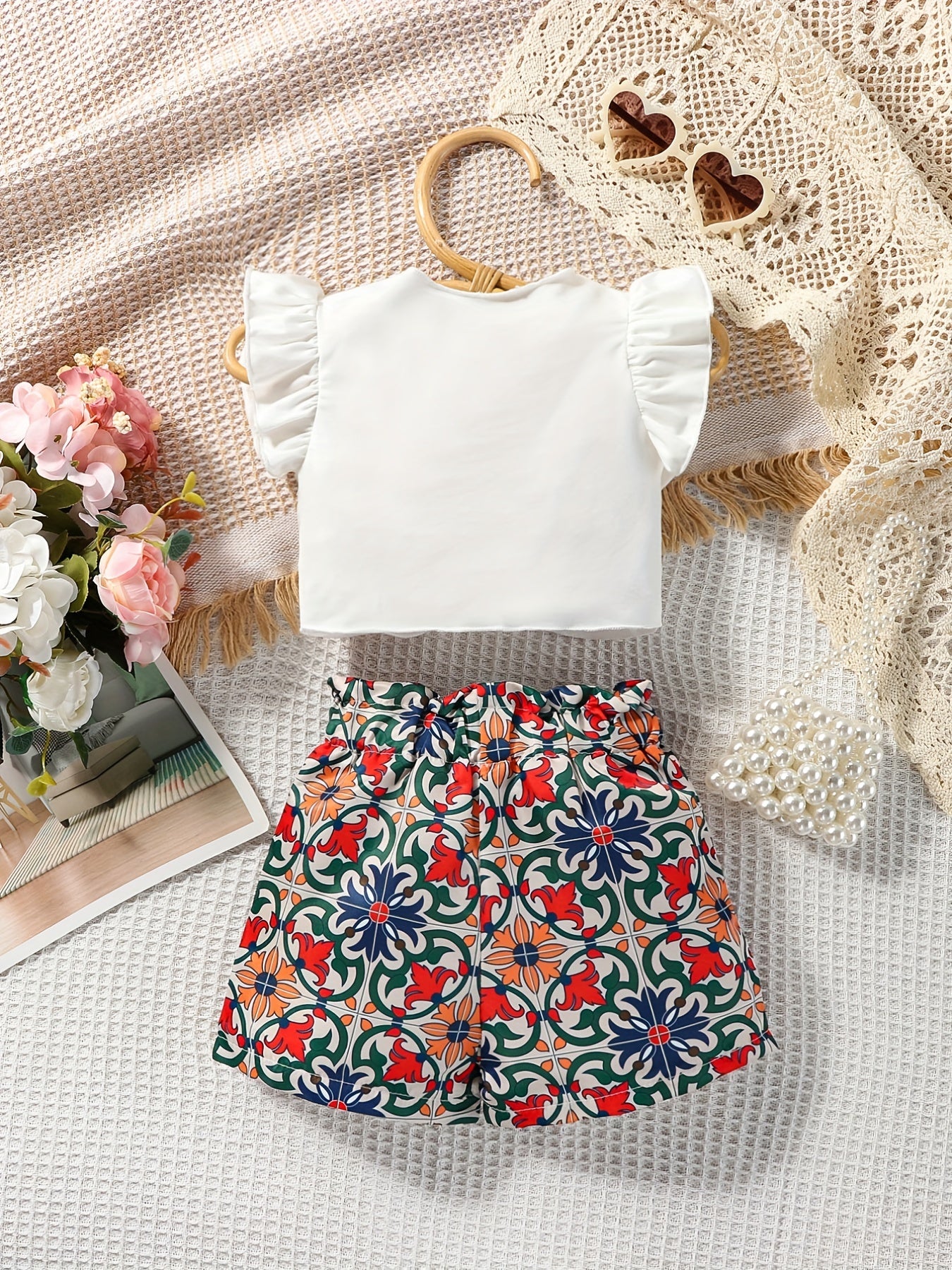 2pcs Baby Girls Ruffle Sleeve Top & Pattern Shorts Set