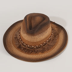 Vintage Cowboy Hat Tassel Belt Gradient Big Brim Straw Hat
