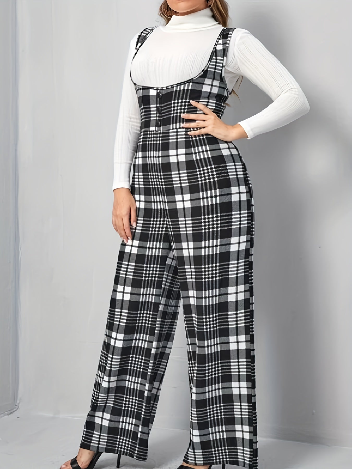 Plaid Overall Straight Leg Jumpsuit Button Decor
