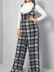 Plaid Overall Straight Leg Jumpsuit Button Decor