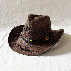 Ethnic Colored Wooden Bead Straw Cowboy Hat
