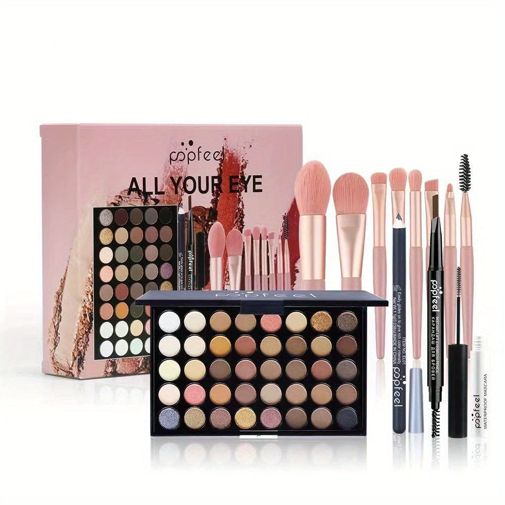 Complete Eye Makeup Set: Palette, Mascara, Brush, Liner, Brow Pen