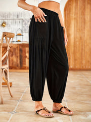 Solid Ruched Baggy Pants High Waist Elastic With Pockets
