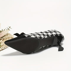 Women's Cap Toe Rhinestone Bow Houndstooth Stiletto Heels Pointed Toe Pumps