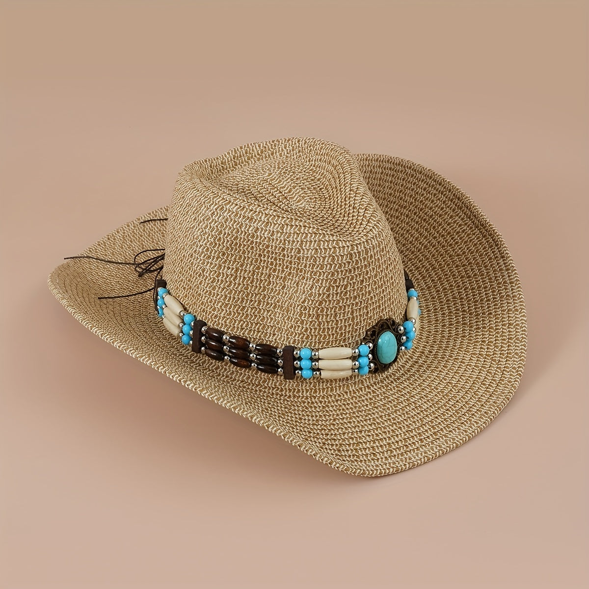 Turquoise Chain Decor Cowboy Hat Khaki Western Straw Cowgirl Hats