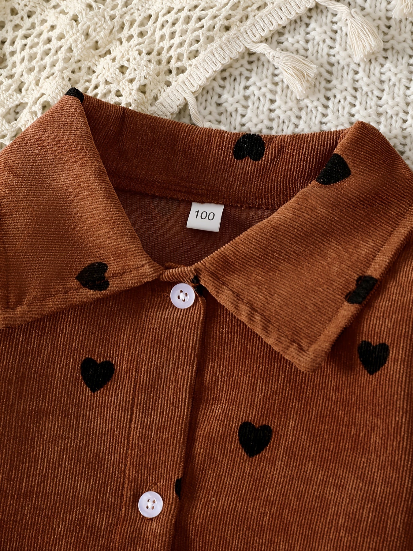 Girls' Lace Up Waist Button Down Corduroy Jacket Coat With Hearts Printed