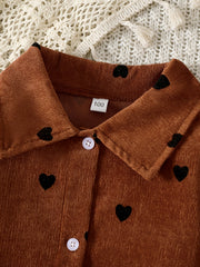 Girls' Lace Up Waist Button Down Corduroy Jacket Coat With Hearts Printed