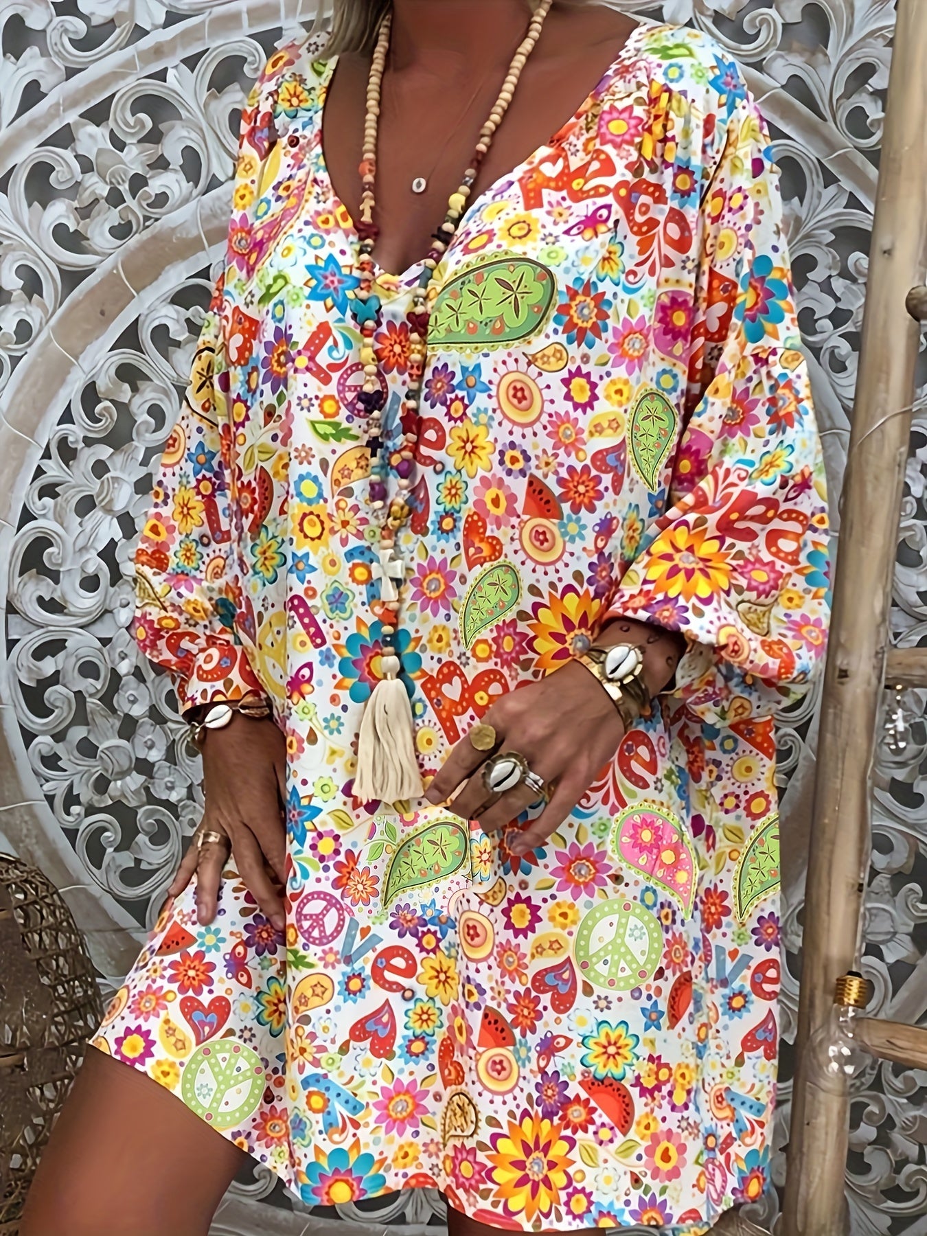 Retro Floral V-Neck Long Sleeve Dress for Women