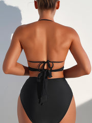 Black Criss Cross 2 Piece Bikini Set Halter Tie High Waist Stretchy Swimsuit