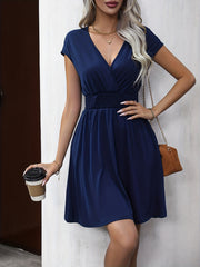 Surplice Neck Cap Sleeve Dress Casual Shirred Waist Solid Dress