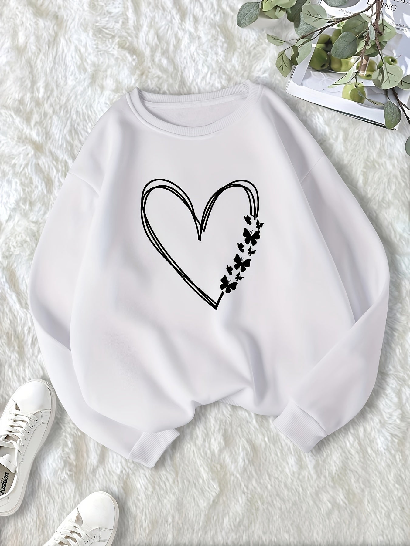 Heart & Butterfly Print Sweatshirt Cozy Crew Neck Top