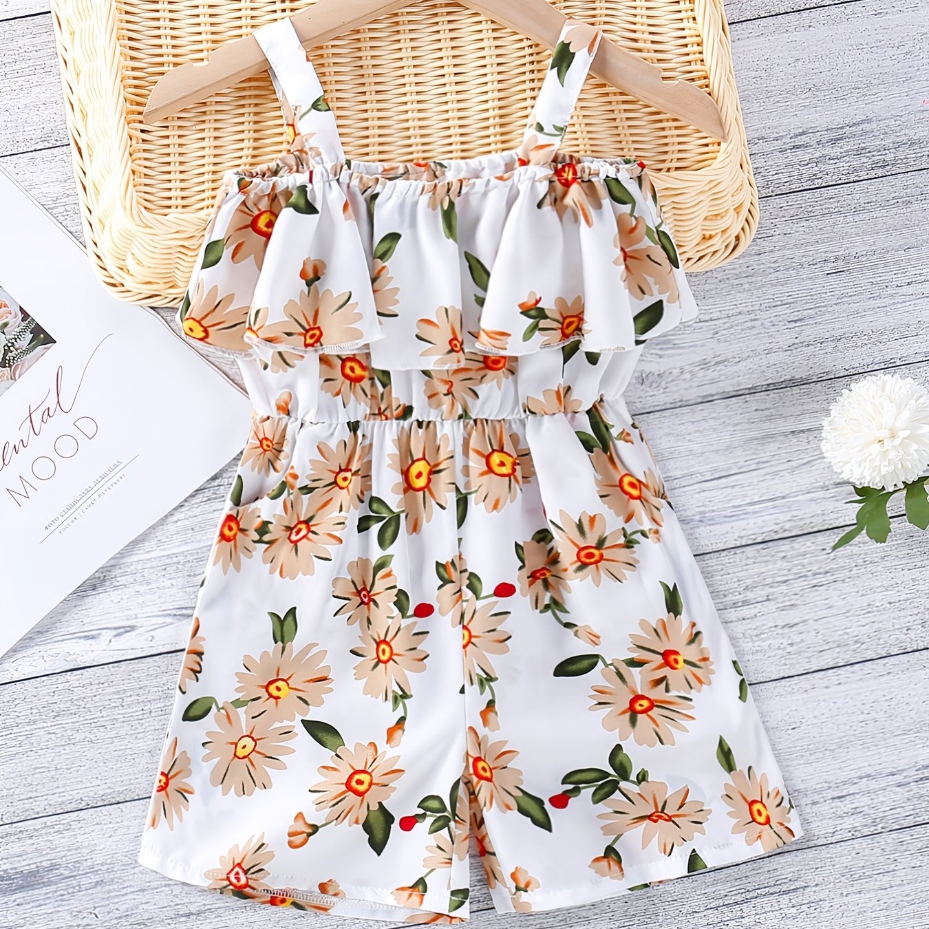 Floral Cold Shoulder Ruffle Trim Romper Jumpsuit Girls Summer Clothes