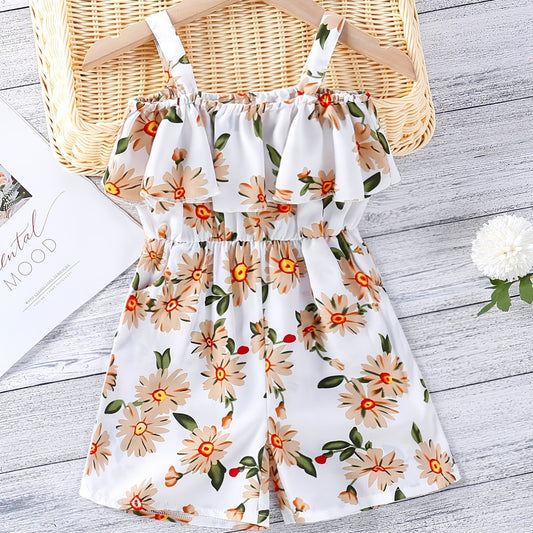 Floral Cold Shoulder Ruffle Trim Romper Jumpsuit Girls Summer Clothes