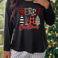 Women's Plus Size Christmas Tree & Letter Graphic Long Sleeve Tee
