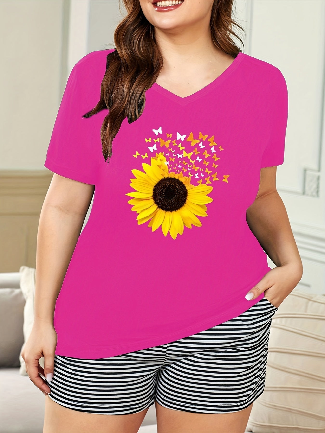 Sunflower & Butterfly Print V Neck Pajama Top