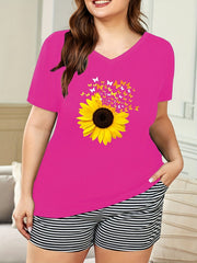 Sunflower & Butterfly Print V Neck Pajama Top