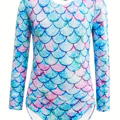 Girls Fish Scale Print Long Sleeve Gymnastic Romper