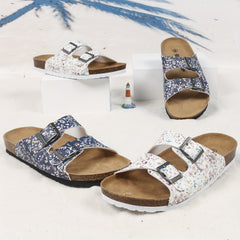 Women's Floral Print Cork Footbed Sandals Slides Double Buckle Flat Slippers