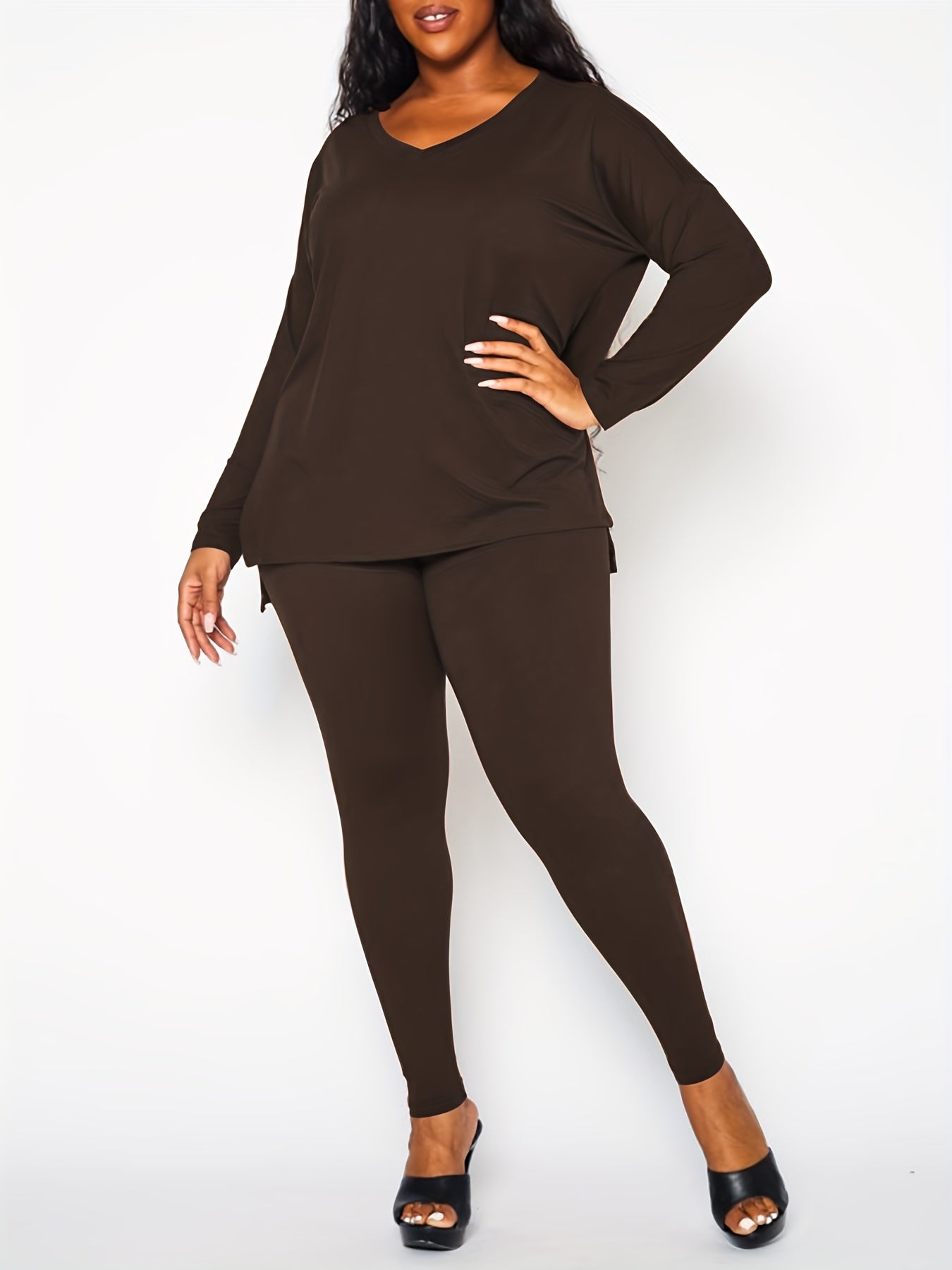 2-Piece Set Solid V Neck Top & Pants Outfits
