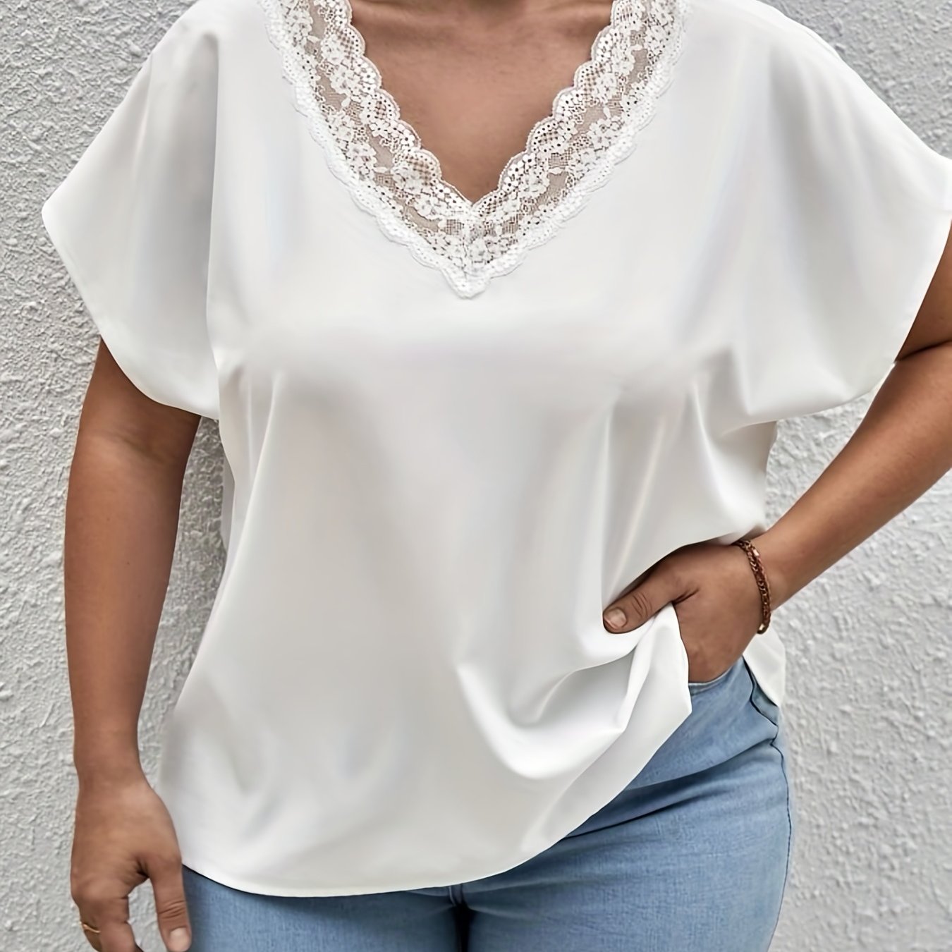 Solid Lace Bat Sleeve V Neck Tee Blouse