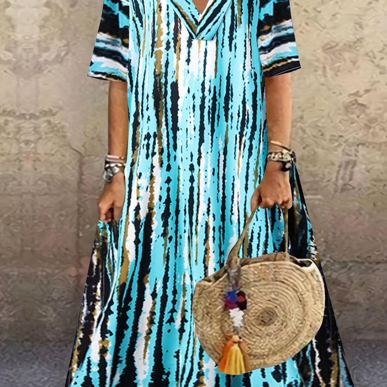 Casual Dress Women's Plus Random Print Short Sleeve V Neck Dress