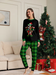 Christmas Dino Print Pajama Set Long Sleeve Top & Plaid Pants Women's Sleepwear