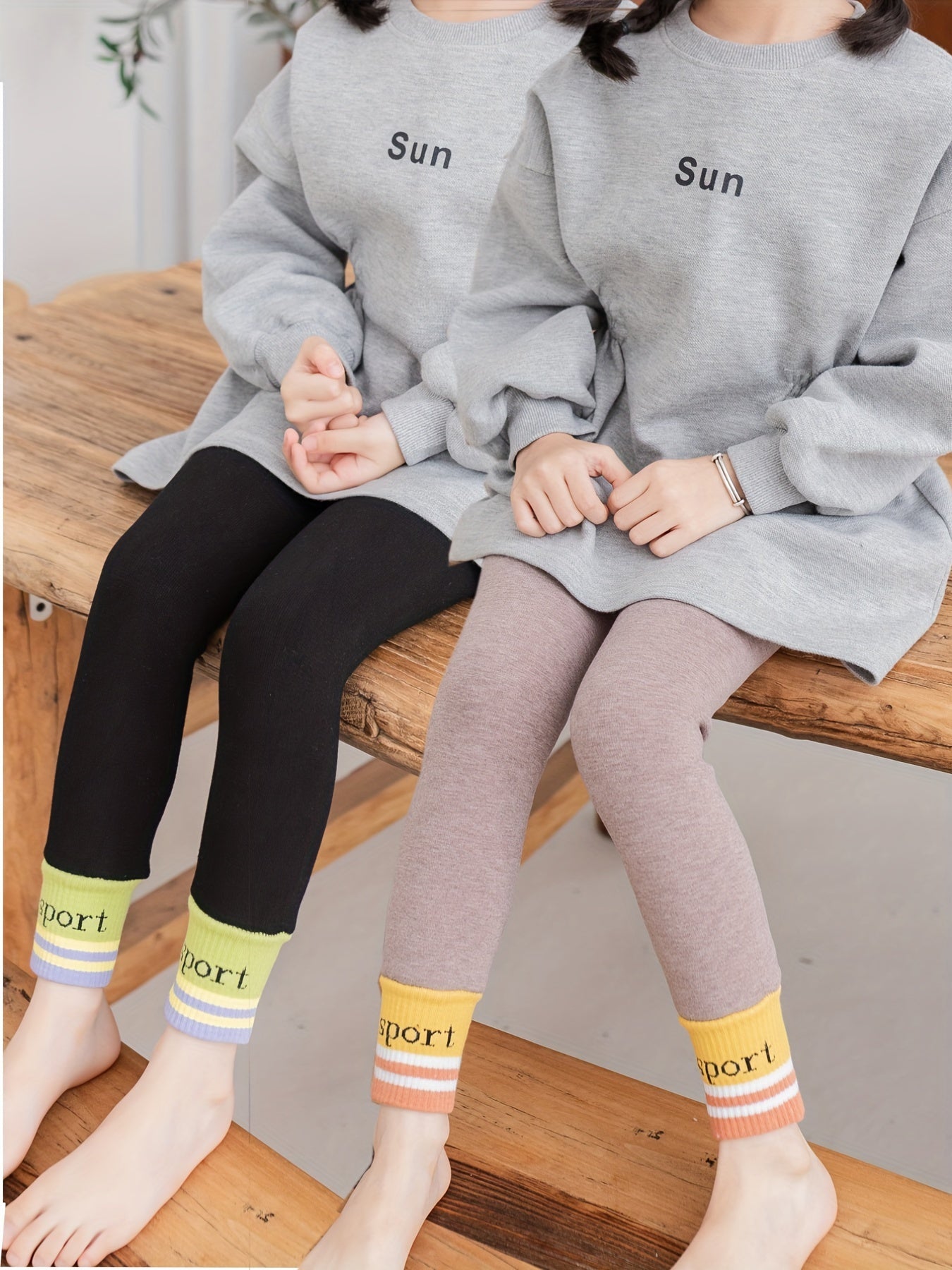 2 Packs Girls' Fleece Jogger Leggings, Warm & Stretchy Tight Pants