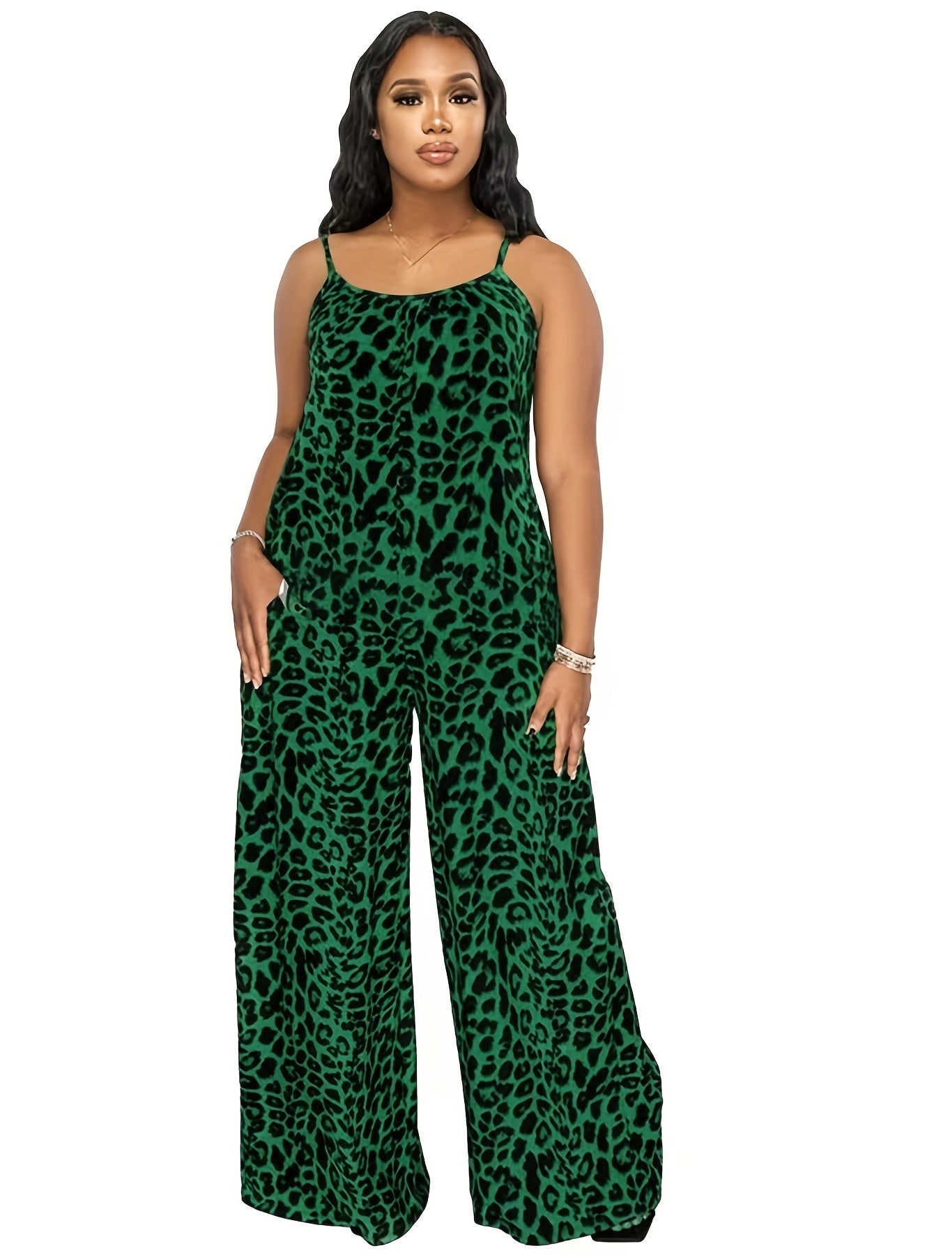 Leopard Spaghetti Print Wide Leg Jumpsuit Women's Clothing