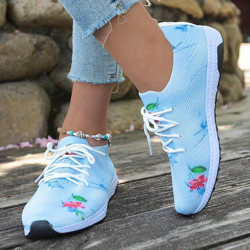 Women's Floral Print Knit Sports Shoes Lace Up Low Top Sneakers