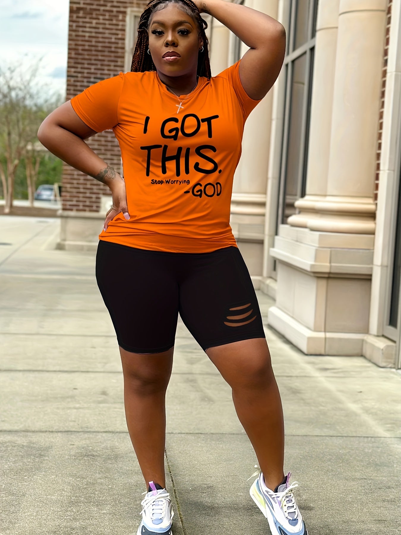 Slogan Print Top & Cut Out Shorts Set